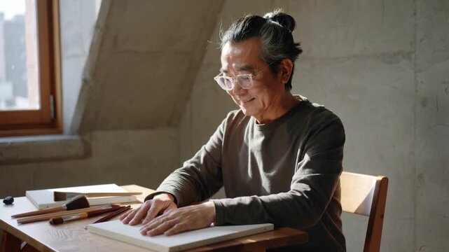 Lifting cover senior Asian man wearing specs smoothing pad in loft studio arranging brushes to draw