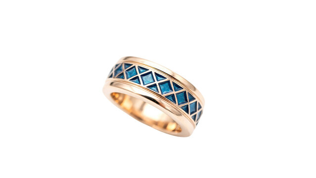 Elegant rose gold wedding band featuring a geometric blue enamel inlay with polished metallic surfaces and intricate diamond patterns captured in high resolution on transparent background