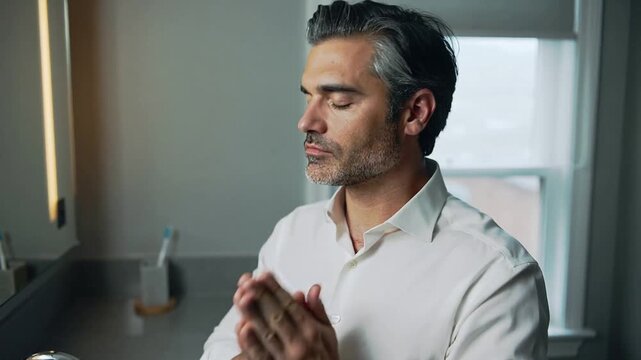 Rubbing palms together, man in white shirt massaging lotion for grooming at home sink, wedding band