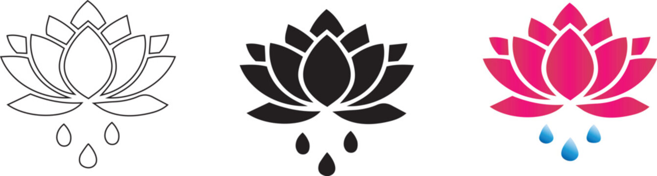 A collection of stylized lotus flower icons featuring diverse artistic variations including linear outline, solid black silhouette, and vibrant pink gradient design