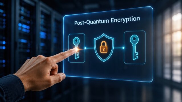 Hand Points at Post-Quantum Encryption Key-Shield Diagram in Server Room