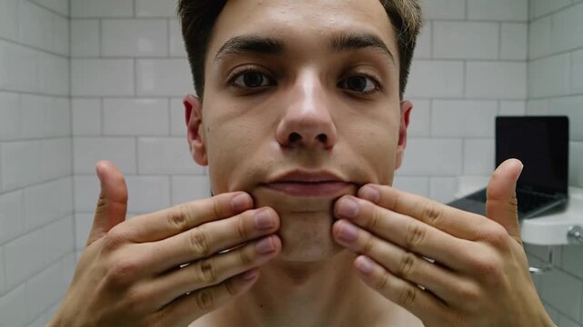 Starting shirtless man massaging face for skincare in tiled bathroom, with laptop on right shelf