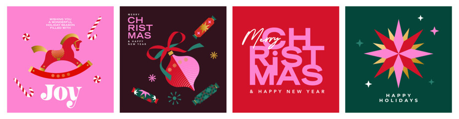 Modern Christmas card collection with bold typography, geometric ornaments and festive illustrations. Ideal for branding, packaging, posters, greeting cards and social media, print.