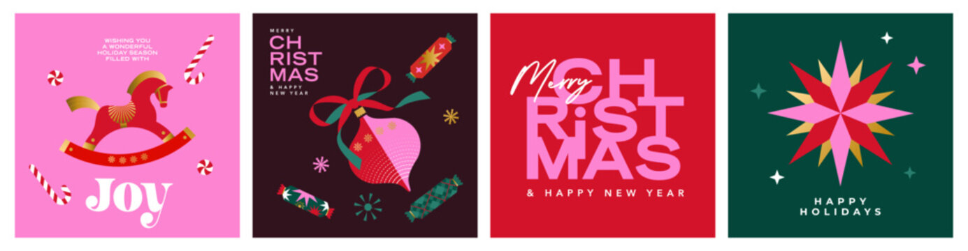 Modern Christmas card collection with bold typography, geometric ornaments and festive illustrations. Ideal for branding, packaging, posters, greeting cards and social media, print.