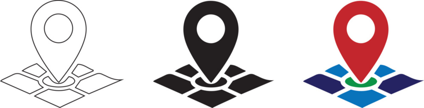 A set of three map pin icons featuring distinct styles, showing linear, solid black, and colorful versions used for navigation, location tagging, and cartography design.