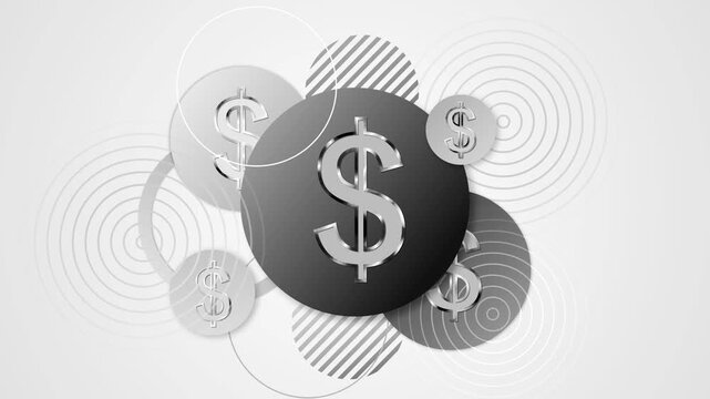 Abstract finance concept with dollar signs on overlapping circles and geometric rings animation