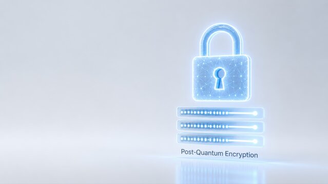 Post-Quantum Encryption Glowing Padlock with Hash Key Bars on Light Background