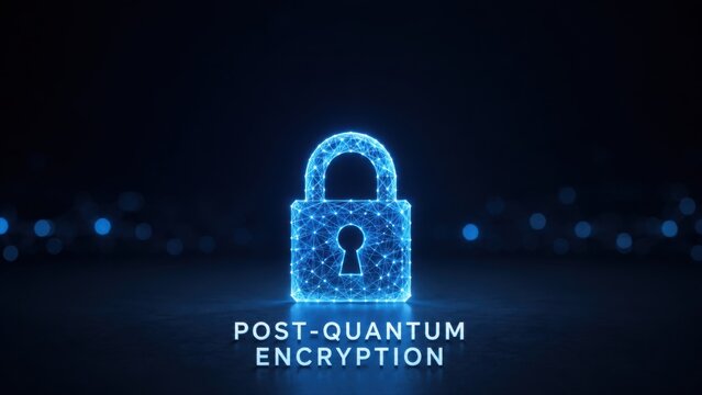 Post-Quantum Encryption Polygon Lattice Padlock with Bokeh on Dark Blue Background