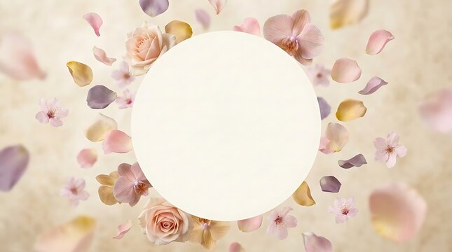 Round white frame with pink floral petals decoration.