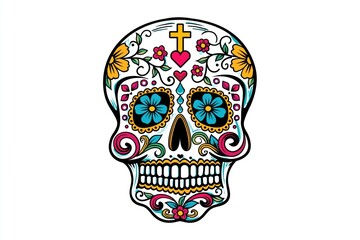 Fototapeta premium Vibrant Ornate Mexican-Inspired Death Mask with Cross Heart and Floral Details on White