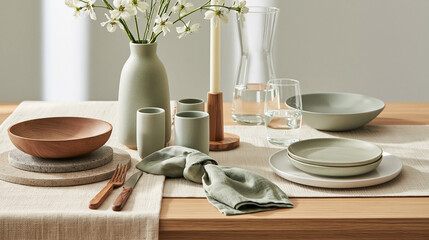 Fototapeta premium Dining table decorated with minimalist dinnerware, ceramic vase with flowers, wooden bowls, and glassware, creating a clean, aesthetic look