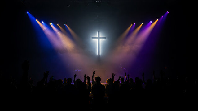 Glowing cross light effect over worship crowd with hands raised in praise