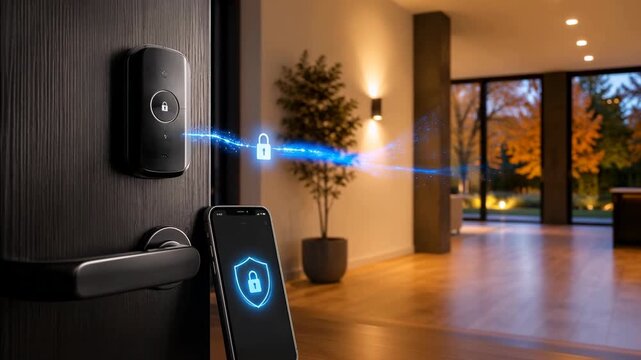 Smartphone unlocks smart door lock in modern home. Keyless security technology with copy space