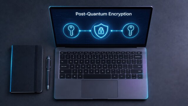 Post-Quantum Encryption Laptop Flat Lay with Neon Key-Shield Diagram and Notebook