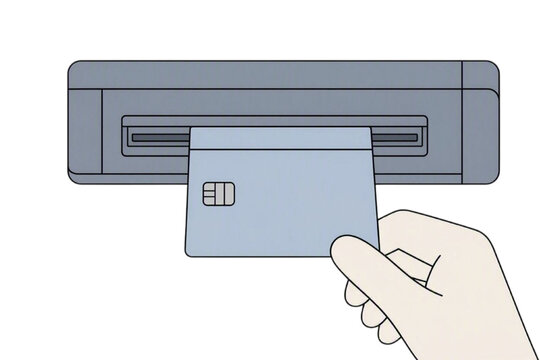 Hand inserting plastic credit card into black ATM slot line art.
