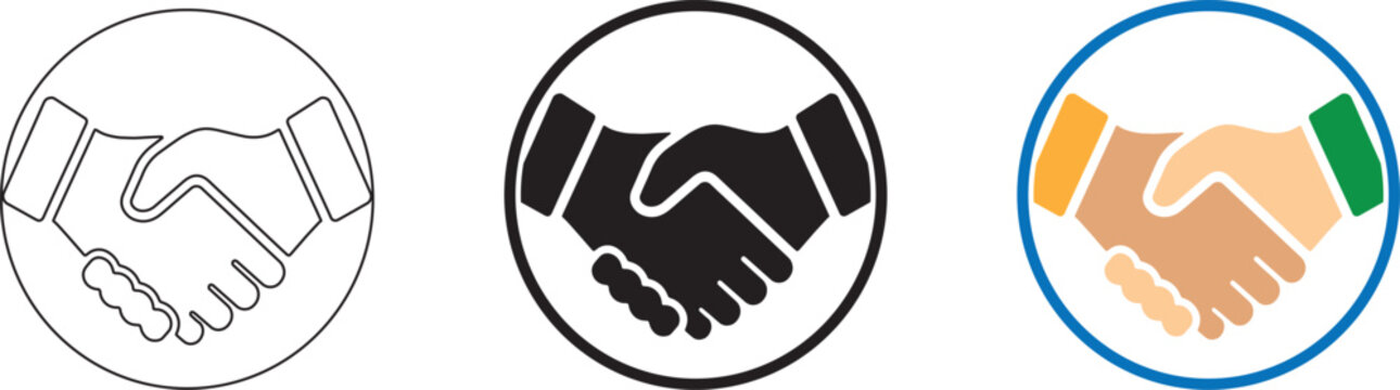 A set of versatile handshake graphic icons presented in three distinct styles, perfect for representing business agreements, partnership, collaboration, and successful negotiations in corporate