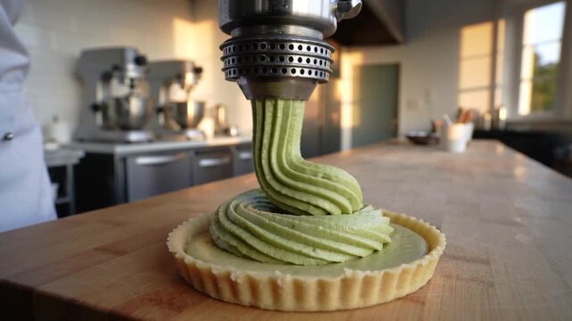 Lowering chef-sleeve using piping gun, piping spiral green cream filling tart shell on wood bench