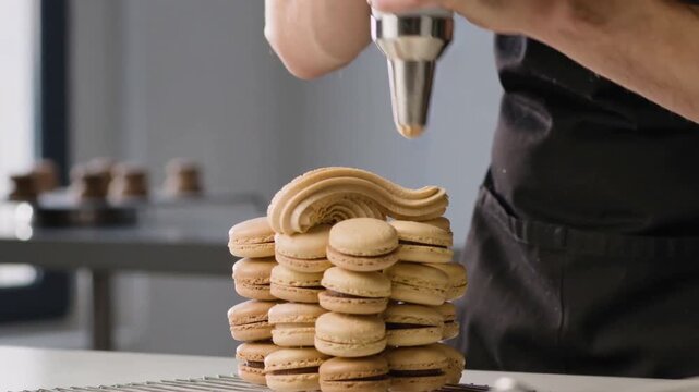 Piping aproned chef entering at counter, pressing metal-tip, icing beige macaron stack for service