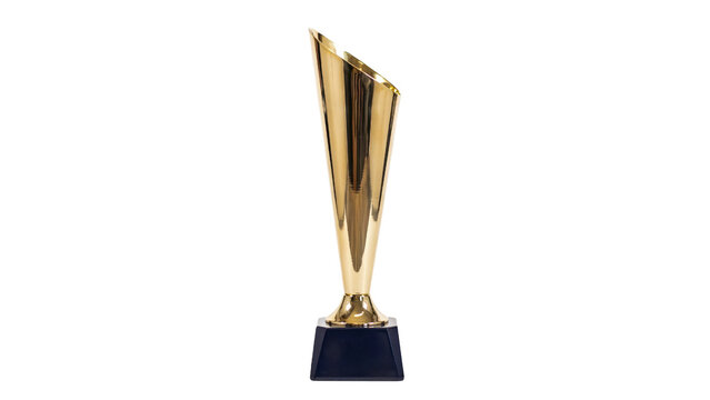 Shiny metallic gold award trophy featuring a modern tapered cylindrical shape standing on a sturdy dark black square base presented in a studio shot on transparent background