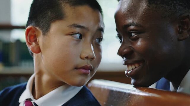 Glancing Asian student turning toward classmate on wooden pew at school wearing ties, sharing smile