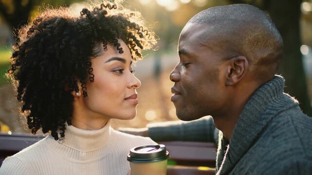 Exchanging eye contact, pair leaning in on park bench, woman holding cup, showing love, turtleneck