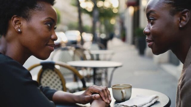 Holding hands after eye contact, two women in dark top, brown blazer leaning at bistro table
