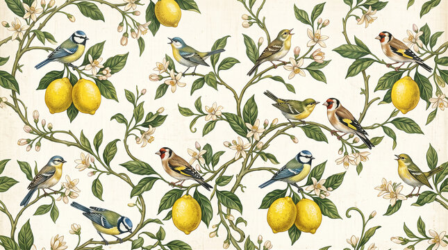 Vintage botanical wallpaper with songbirds and lemons, antique floral pattern with citrus fruit and birds, elegant garden textile design