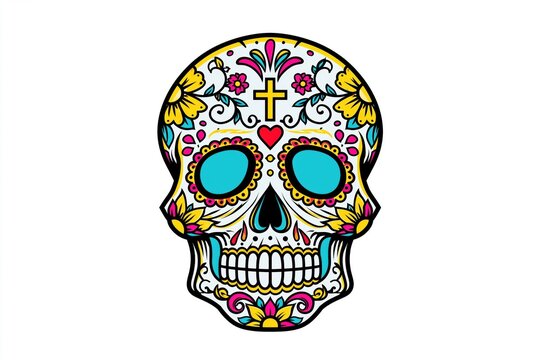 Vibrant Ornate Mexican-Inspired Death Mask with Cross Heart and Floral Details on White