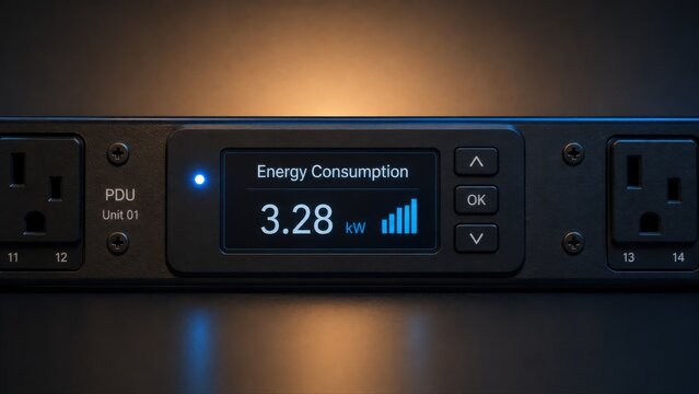 Energy Consumption PDU Display Shows 3.28 kW Reading with Bar Graph Close-Up