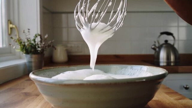 Whisking arms in dark short sleeve aerating mixture in bowl at kitchen counter, as whisk enters