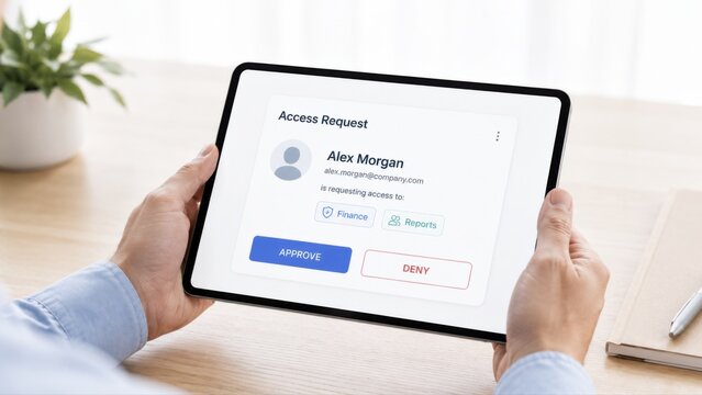 Access Management Tablet Shows Access Request Approve or Deny UI with Hands