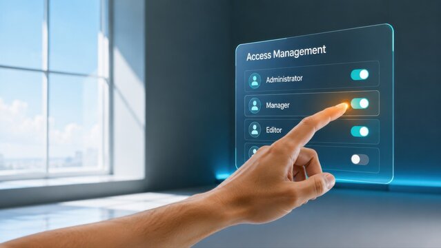Access Management Holographic Role Toggle Panel Touched by Hand in Office