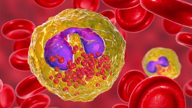 Eosinophil in blood, 3D animation of a granulocyte with a bilobed nucleus and prominent eosinophilic granules circulating among erythrocytes.