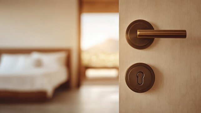 Close-up of a house key in a stylish door lock with a sunlit apartment interior beyond. Symbolizes real estate, moving in, and new home ownership in natural daylight.