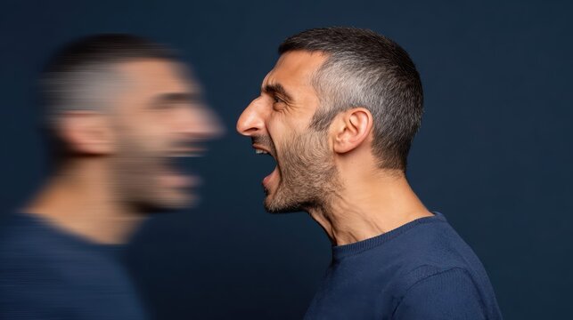 A distressed man screams while ghostly blurred faces appear beside him. Cinematic lighting and motion blur evoke inner turmoil and psychological struggle.