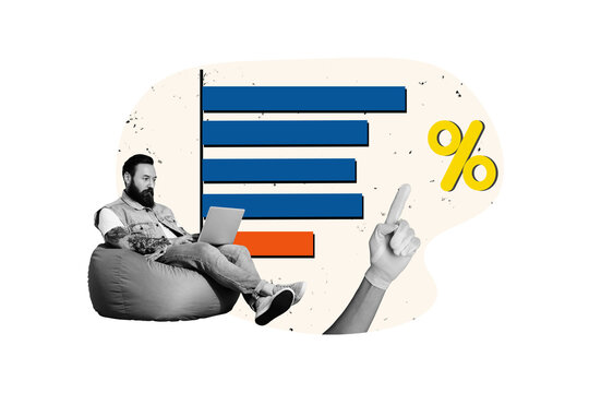 Creative collage picture young man browsing laptop computer economy charts trader percent rate statistics drawing background