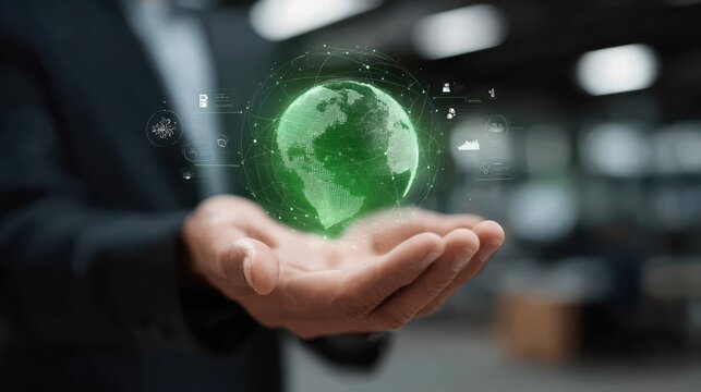 A person in a suit holds a holographic green Earth with digital data overlays. Cinematic lighting highlights futuristic global technology and business innovation.