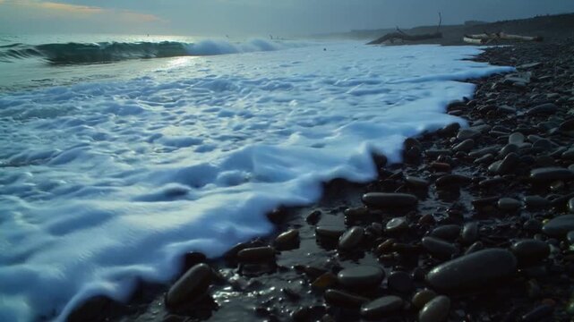 Surf rolling in from left, cresting and breaking on pebble shore, wetting stones with white foam