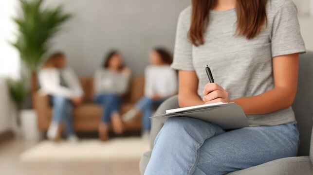 A therapist takes notes during a group counseling session in a sunlit, serene room. Mental health support and calm environment are highlighted in this realistic scene.