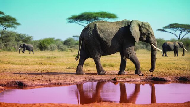 Walking adult elephant moving along waterhole edge, searching for water and rejoining distant herd