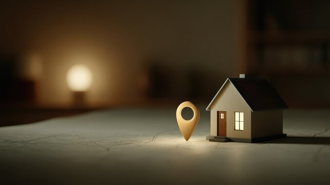 A miniature house sits on a city map with a glowing location pin, embodying real estate search and property location. Soft lighting and ultra realism enhance this locator concept.