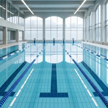 Swimming pool inside a modern indoor aquatic center features clear water and empty lanes with starting blocks.