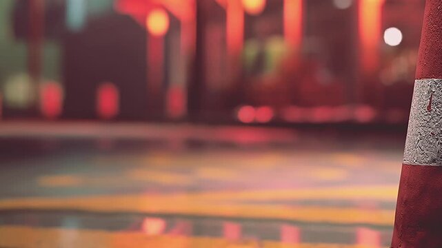 A traffic cone stands on the street in an urban area at night. Colored lights create a bright atmosphere as cars pass by. The scene shows typical city life during evening hours.