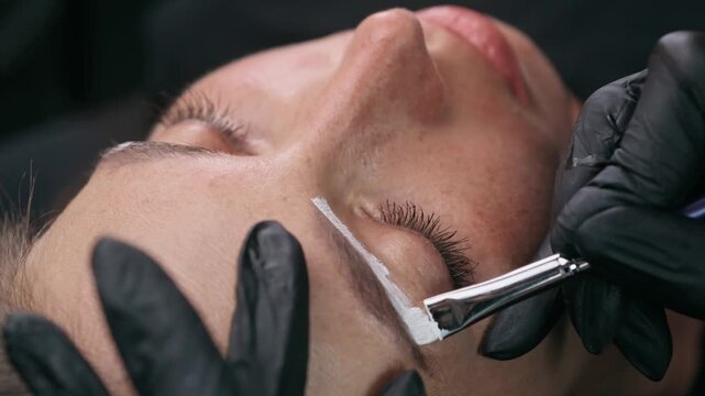 Permanent makeup artist applies white mapping paste to outline eyebrow shape before a cosmetic tattoo procedure in a professional beauty studio.