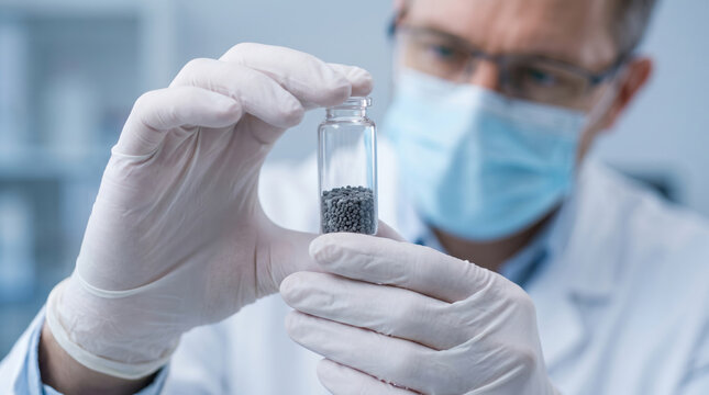 Laboratory scientist examining rare earth mineral sample. Global industrial metal material. sustainable geology science resource element, supply trade