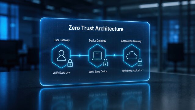 Zero Trust Architecture Panel with User Device and Application Gateway on Dark Surface