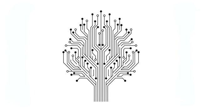 Digital circuit board tree graphic representing technology growth and electronic connectivity.