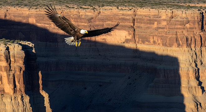 Majestic bald eagle soaring over canyon landscape 1.