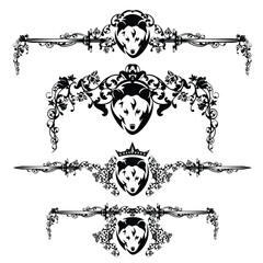 Naklejka premium fantasy medieval style grizzly bear head, king crown, swords and rose flowers black and white vector calligraphic page border decor for fairy tale royal design