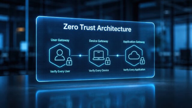 Zero Trust Architecture Glassmorphic Panel Shows User Device and Application Gateway